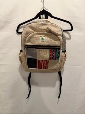 NWT Kathmandu Beige Canvas Hemp Backpack with Multicolor Tribal Panel size 17x15